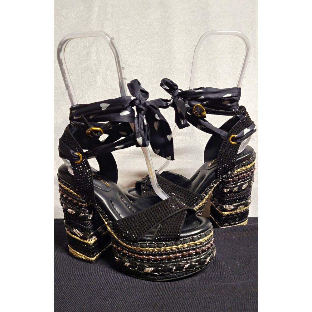 Kurt Geiger London Black Platform Sandal W Rhinestone Trim Ankle Tie EU 37